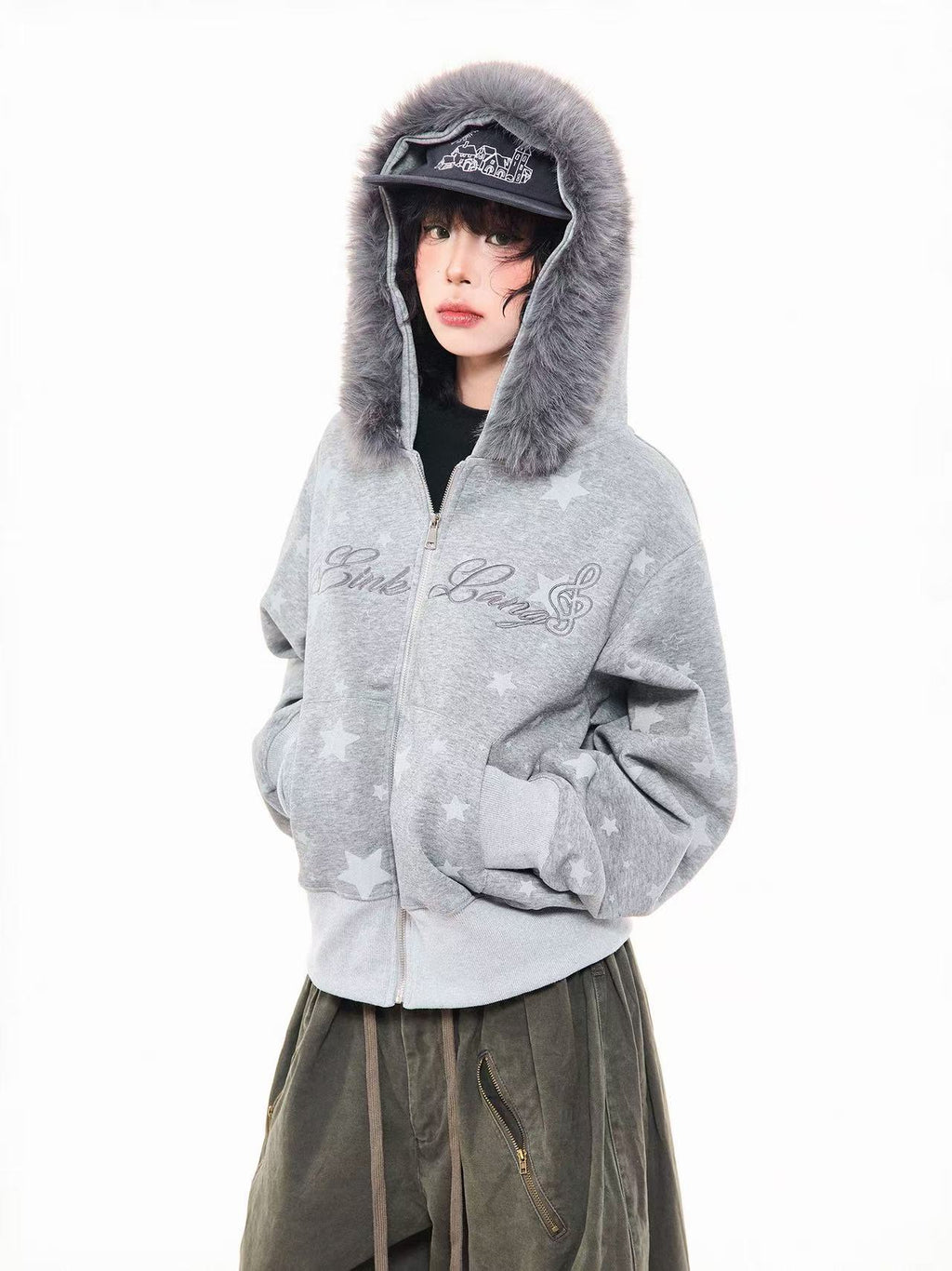Vintage Star Letter Faux Fur Hooded Zip Hoodie  OL2071