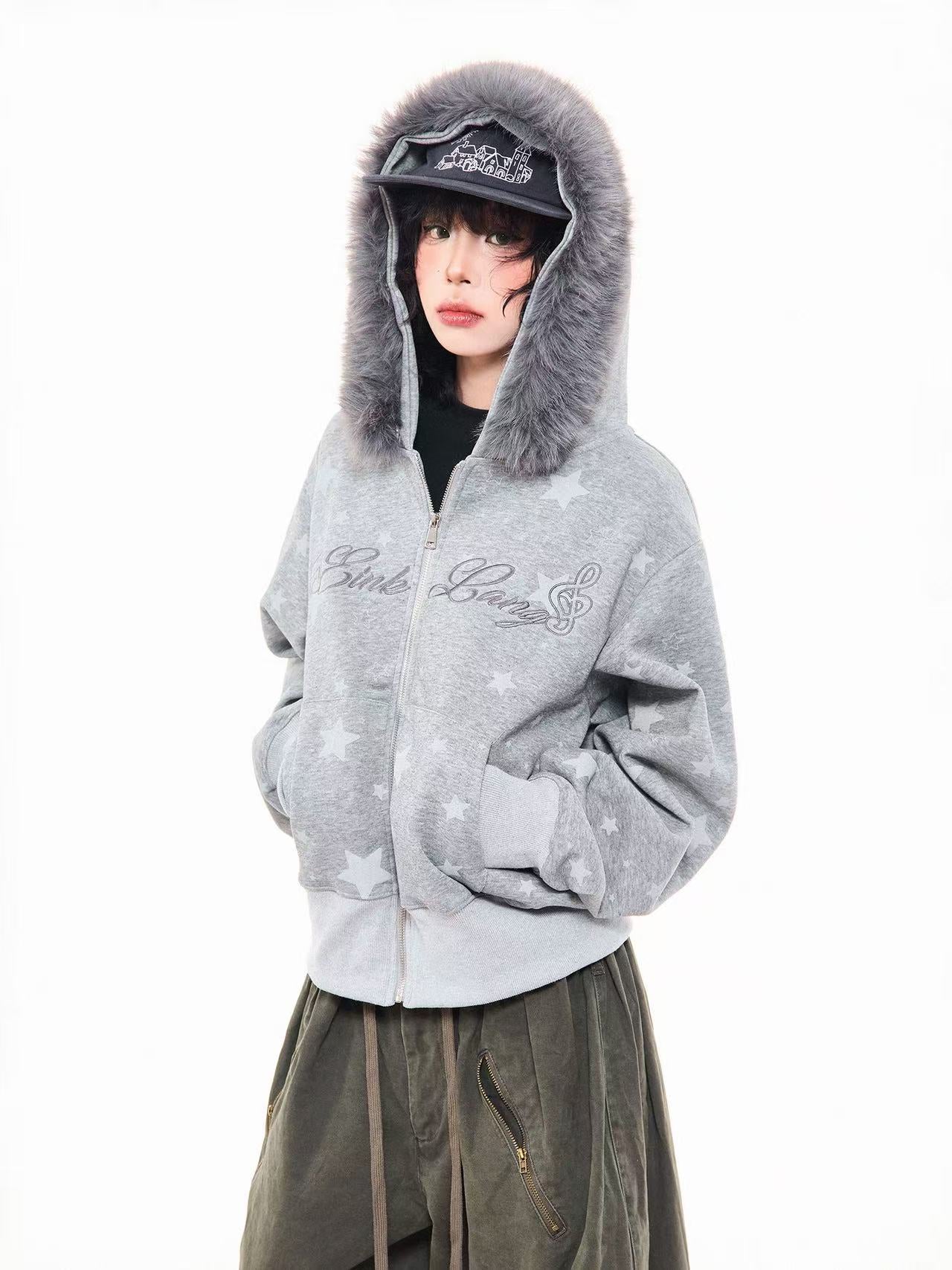 Vintage Star Letter Faux Fur Hooded Zip Hoodie  OL2071