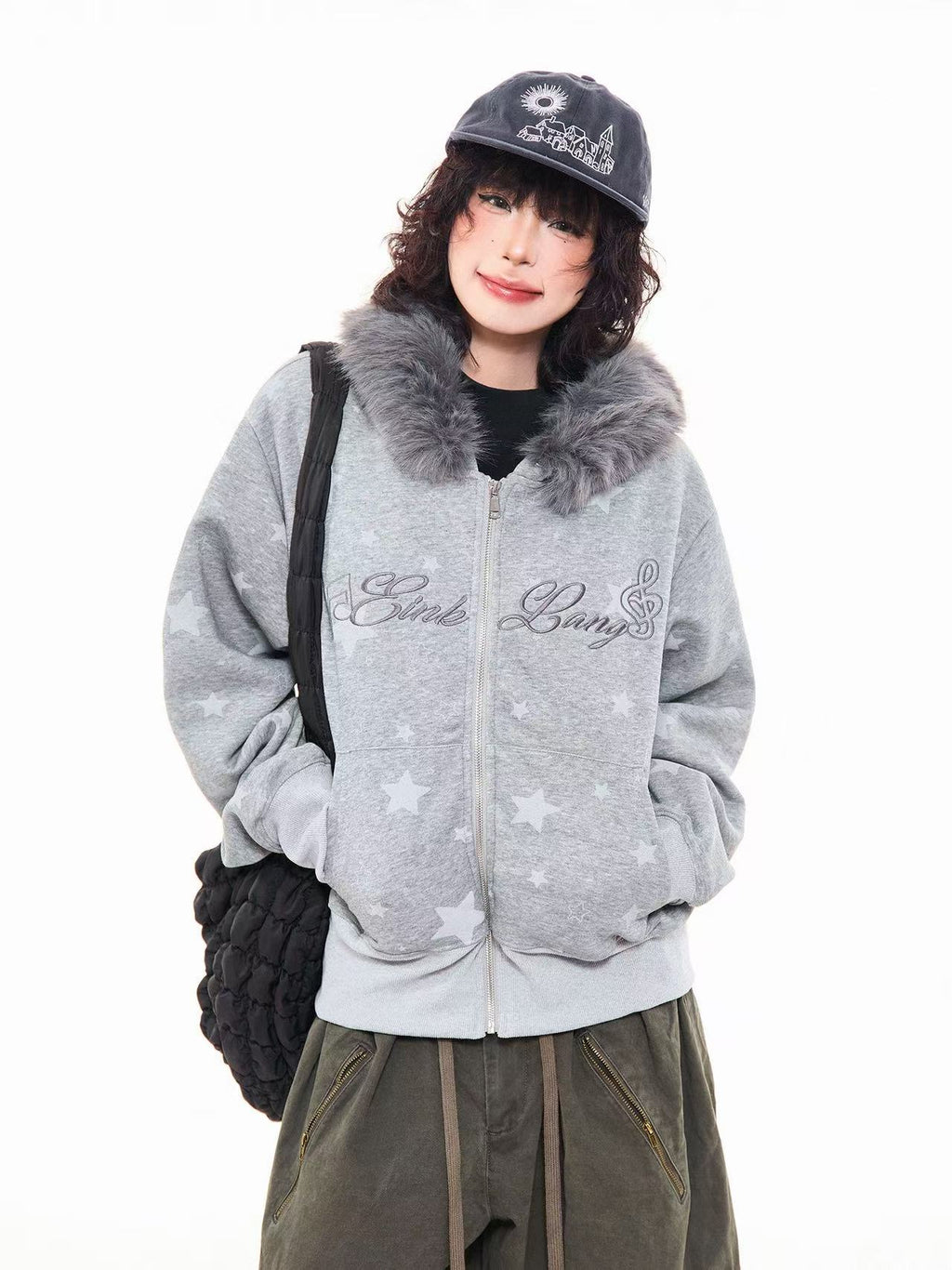 Vintage Star Letter Faux Fur Hooded Zip Hoodie  OL2071
