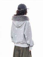 Vintage Star Letter Faux Fur Hooded Zip Hoodie  OL2071