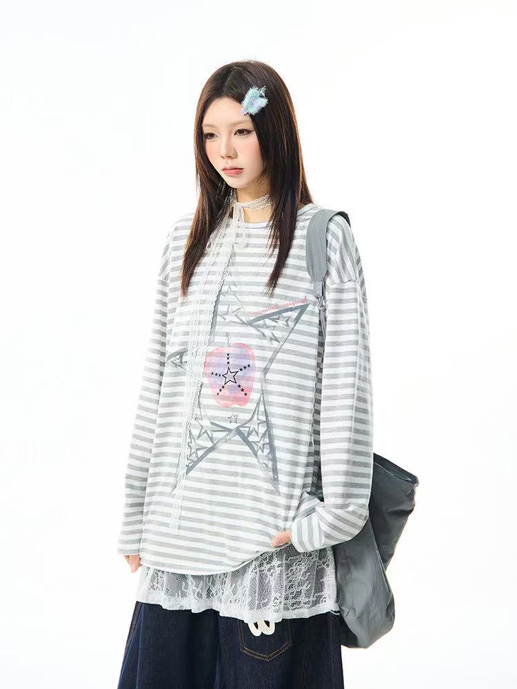 Vintage Star Stripe Relaxed Long Sleeve Tee   oliviroa オリヴィオラ