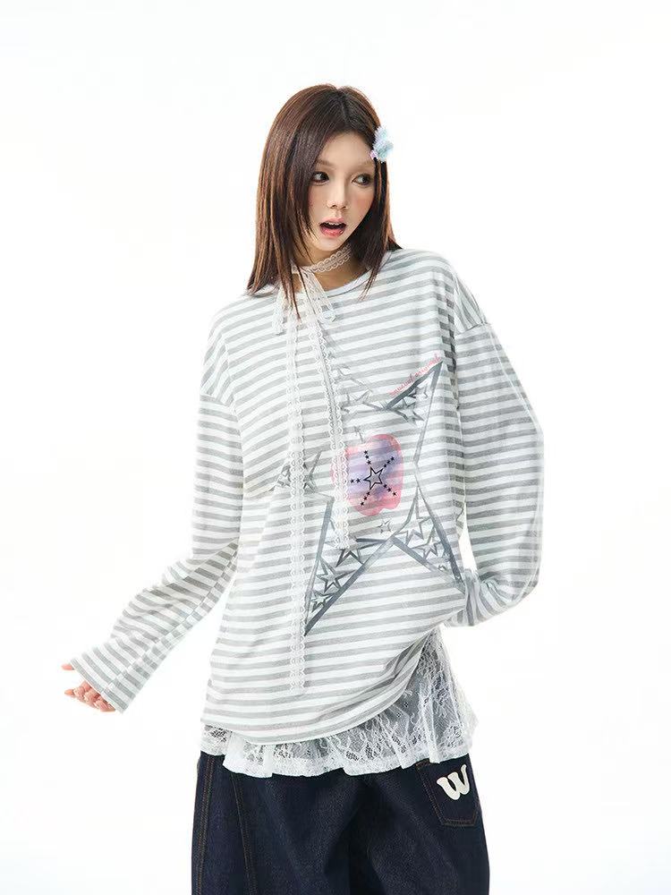 Vintage Star Stripe Relaxed Long Sleeve Tee   OL2073