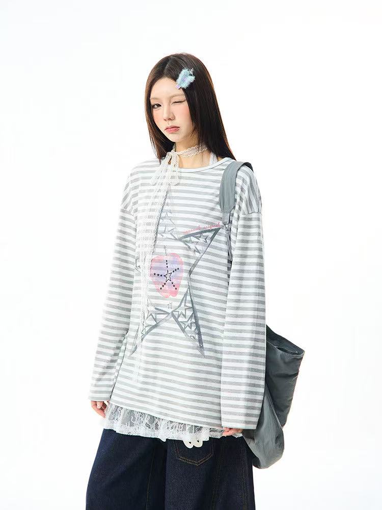 Vintage Star Stripe Relaxed Long Sleeve Tee   OL2073