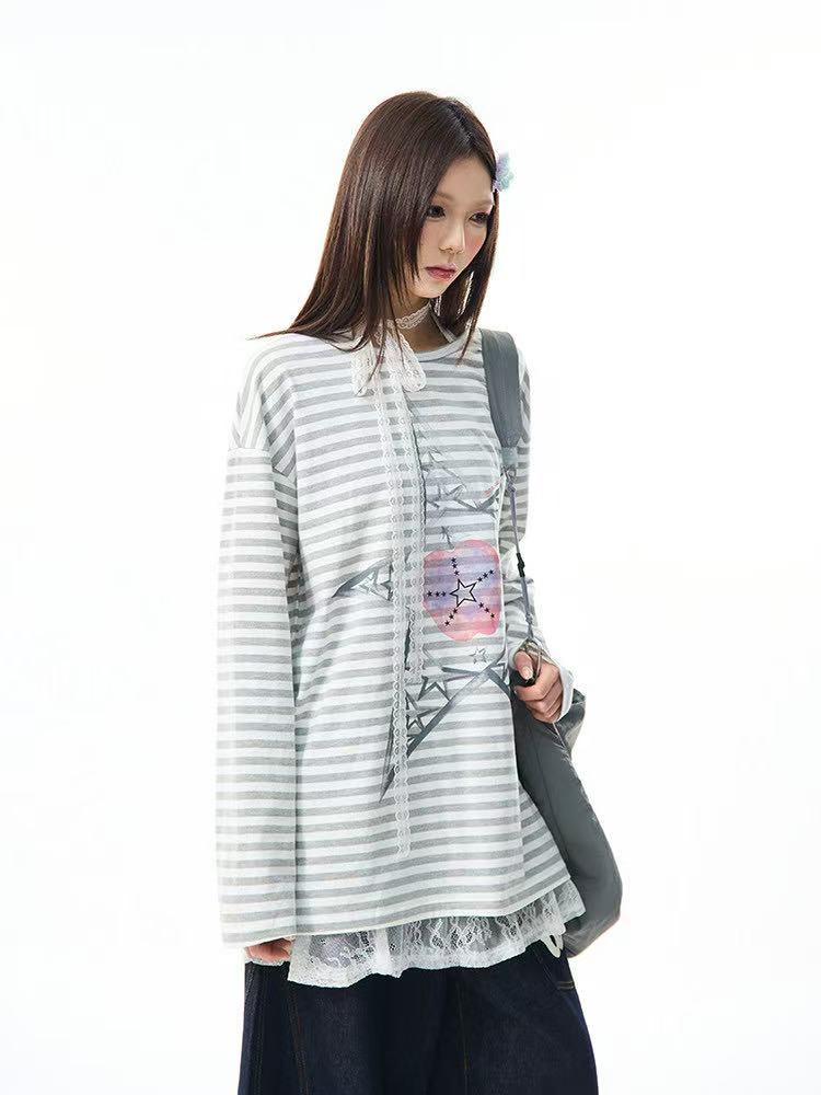 Vintage Star Stripe Relaxed Long Sleeve Tee   OL2073