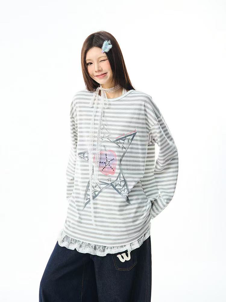 Vintage Star Stripe Relaxed Long Sleeve Tee   OL2073