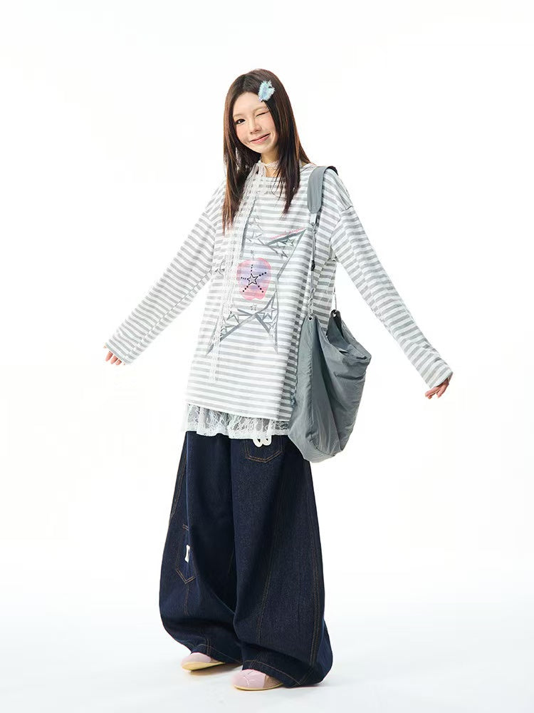 Vintage Star Stripe Relaxed Long Sleeve Tee   OL2073