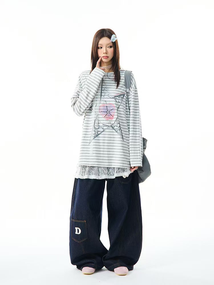 Vintage Star Stripe Relaxed Long Sleeve Tee   OL2073