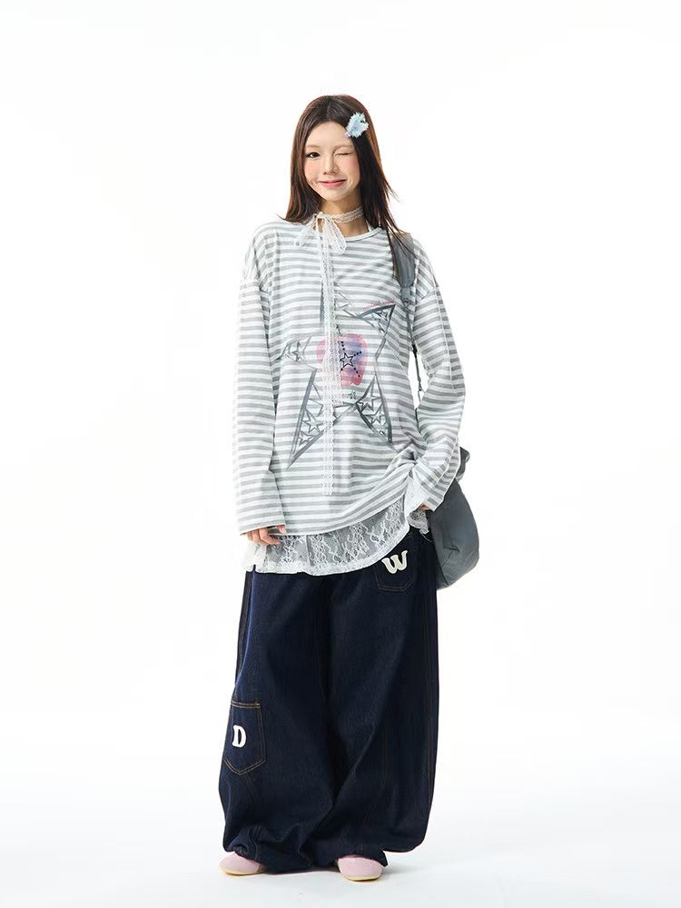 Vintage Star Stripe Relaxed Long Sleeve Tee   OL2073