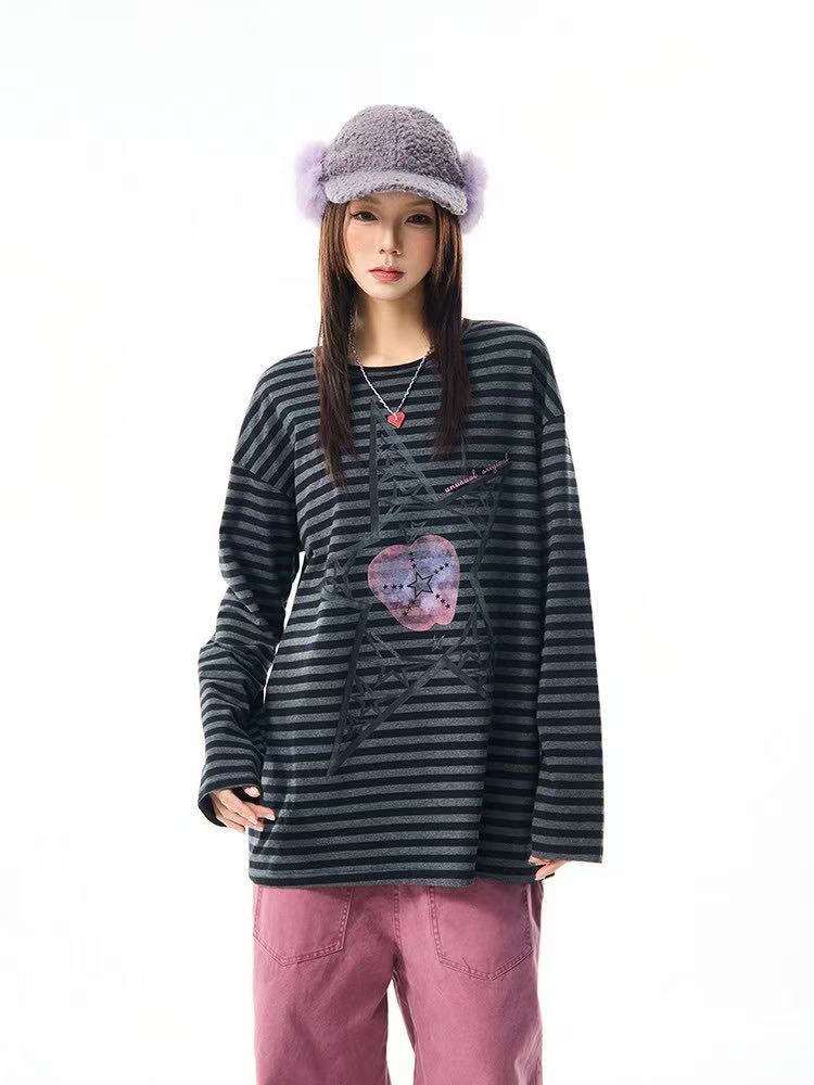 Vintage Star Stripe Relaxed Long Sleeve Tee   OL2073