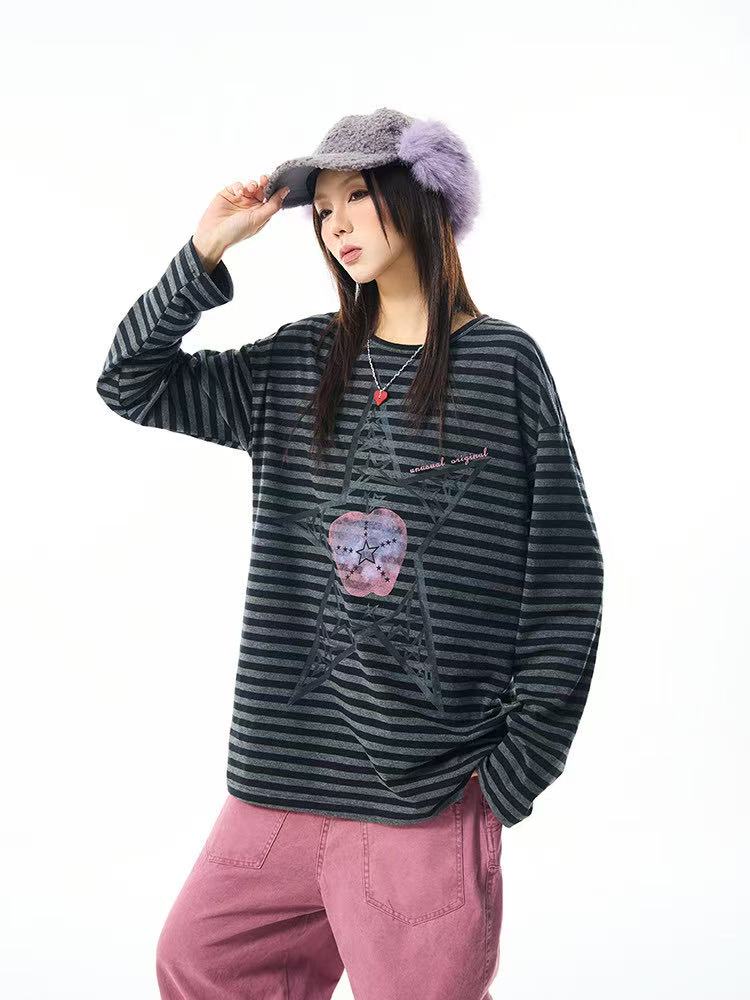 Vintage Star Stripe Relaxed Long Sleeve Tee   OL2073