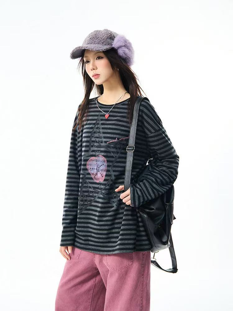 Vintage Star Stripe Relaxed Long Sleeve Tee   OL2073