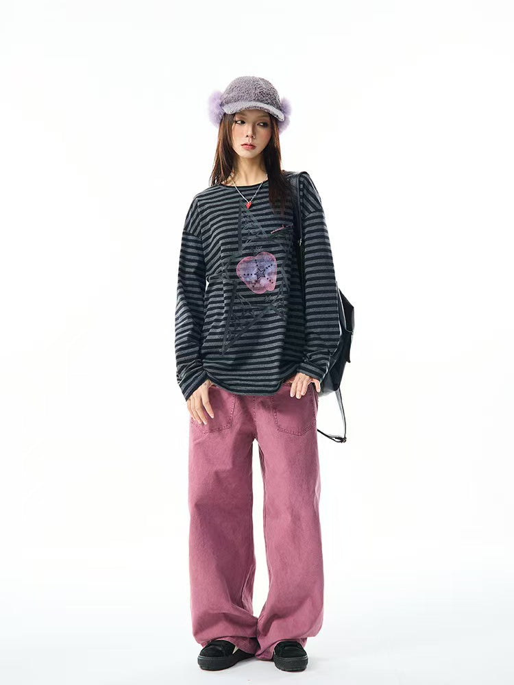 Vintage Star Stripe Relaxed Long Sleeve Tee   OL2073