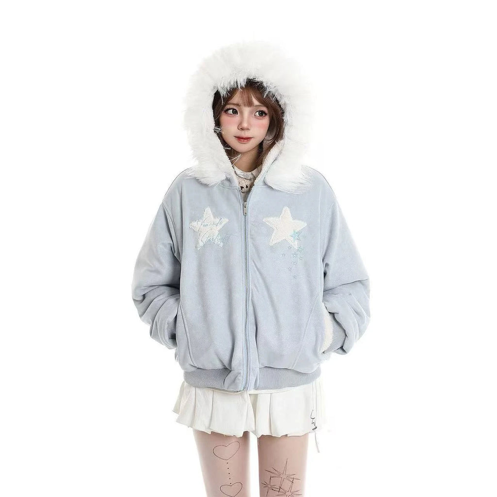 Star Faux Fur Hooded Padded Jacket   OL2074