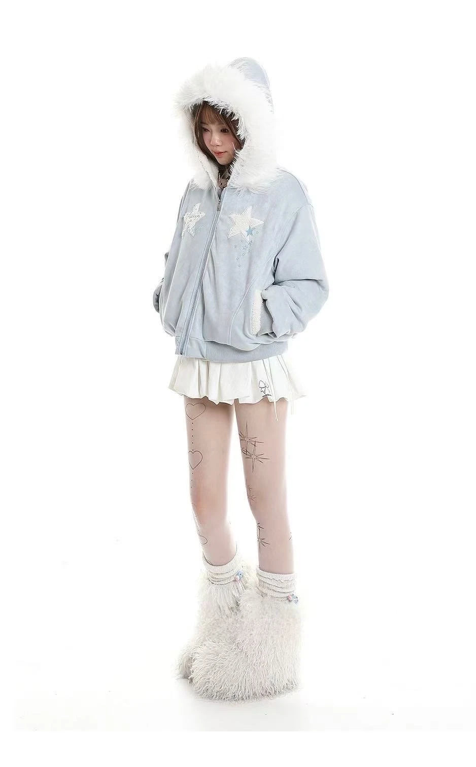 Star Faux Fur Hooded Padded Jacket   OL2074