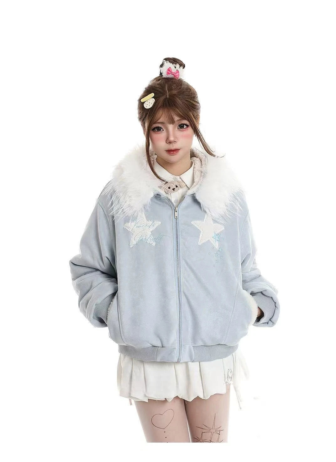 Star Faux Fur Hooded Padded Jacket   OL2074