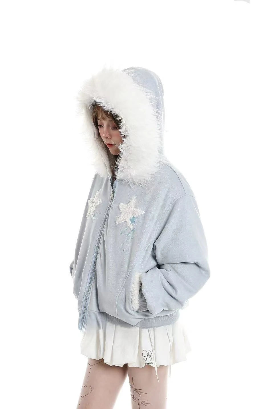 Star Faux Fur Hooded Padded Jacket   OL2074