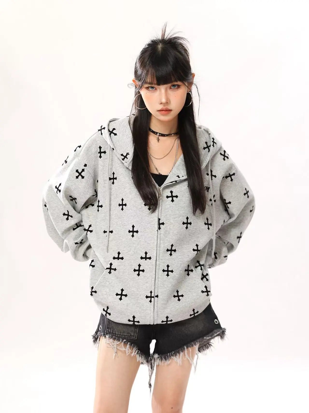 Vintage Cross Print Oversized Hoodie   oliviroa オリヴィオラ
