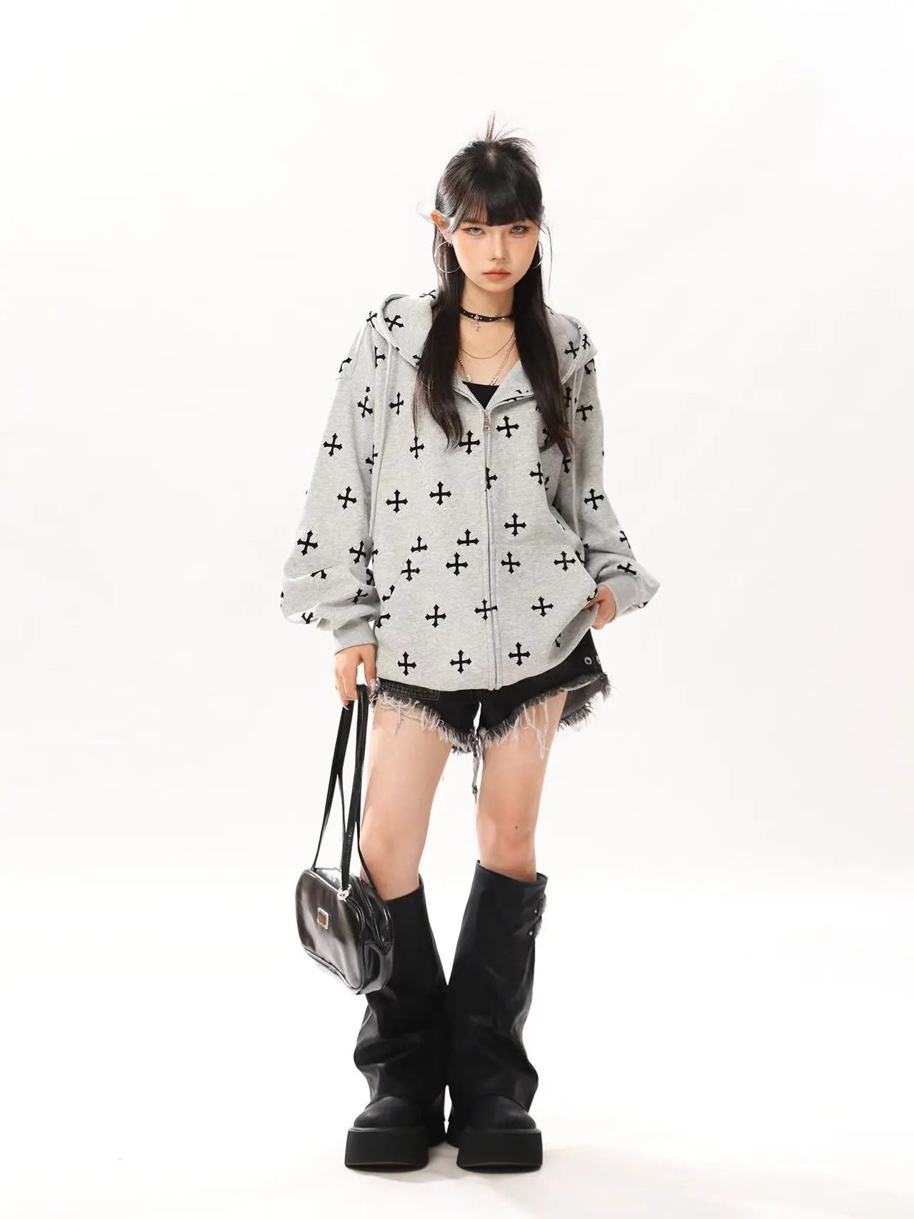 Vintage Cross Print Oversized Hoodie   OL2077