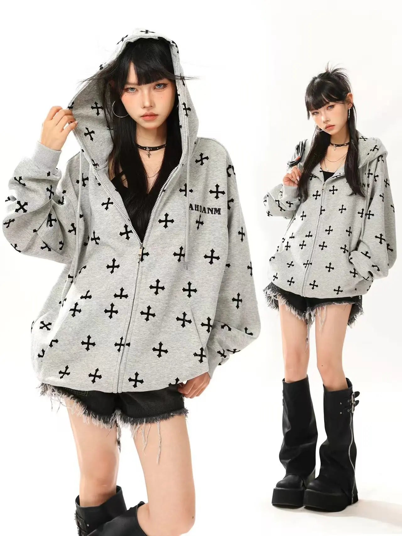 Vintage Cross Print Oversized Hoodie   oliviroa オリヴィオラ
