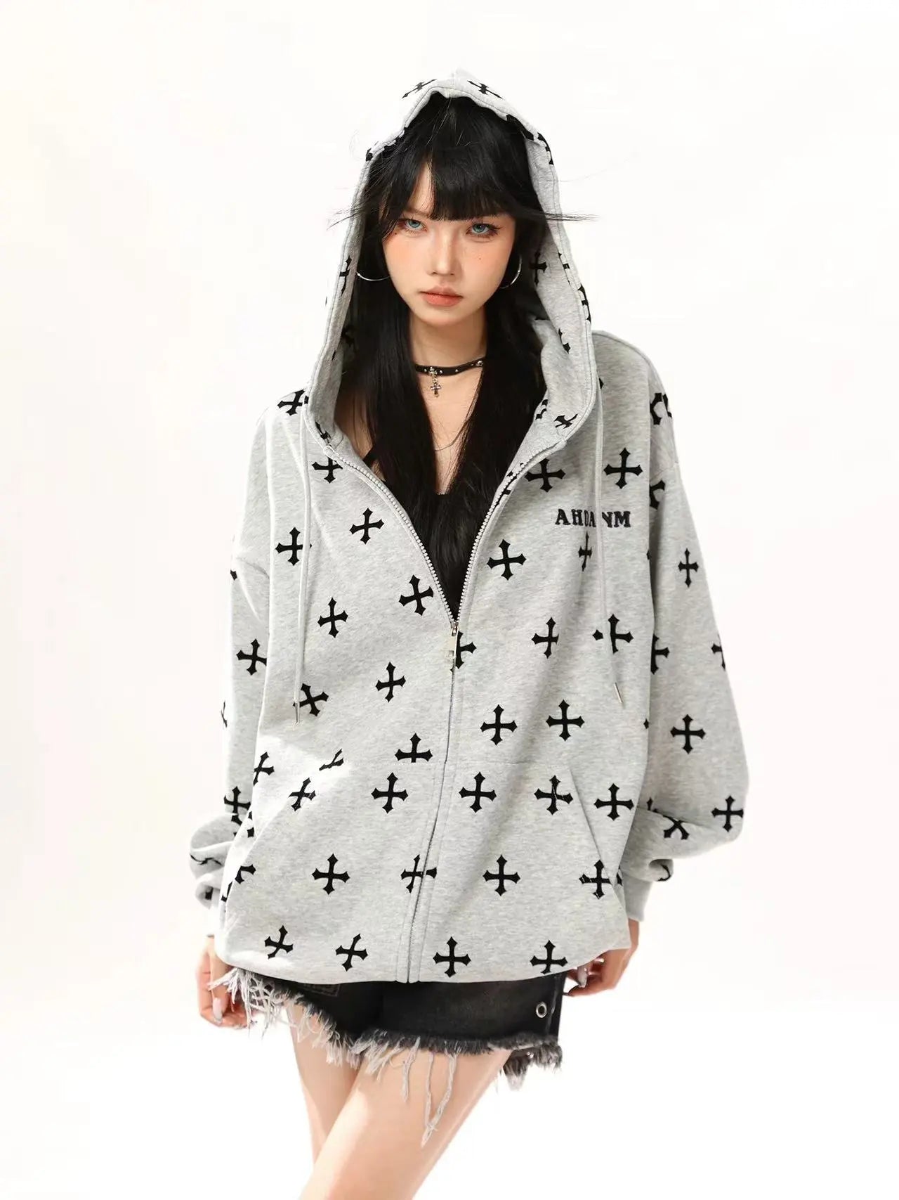 Vintage Cross Print Oversized Hoodie   OL2077