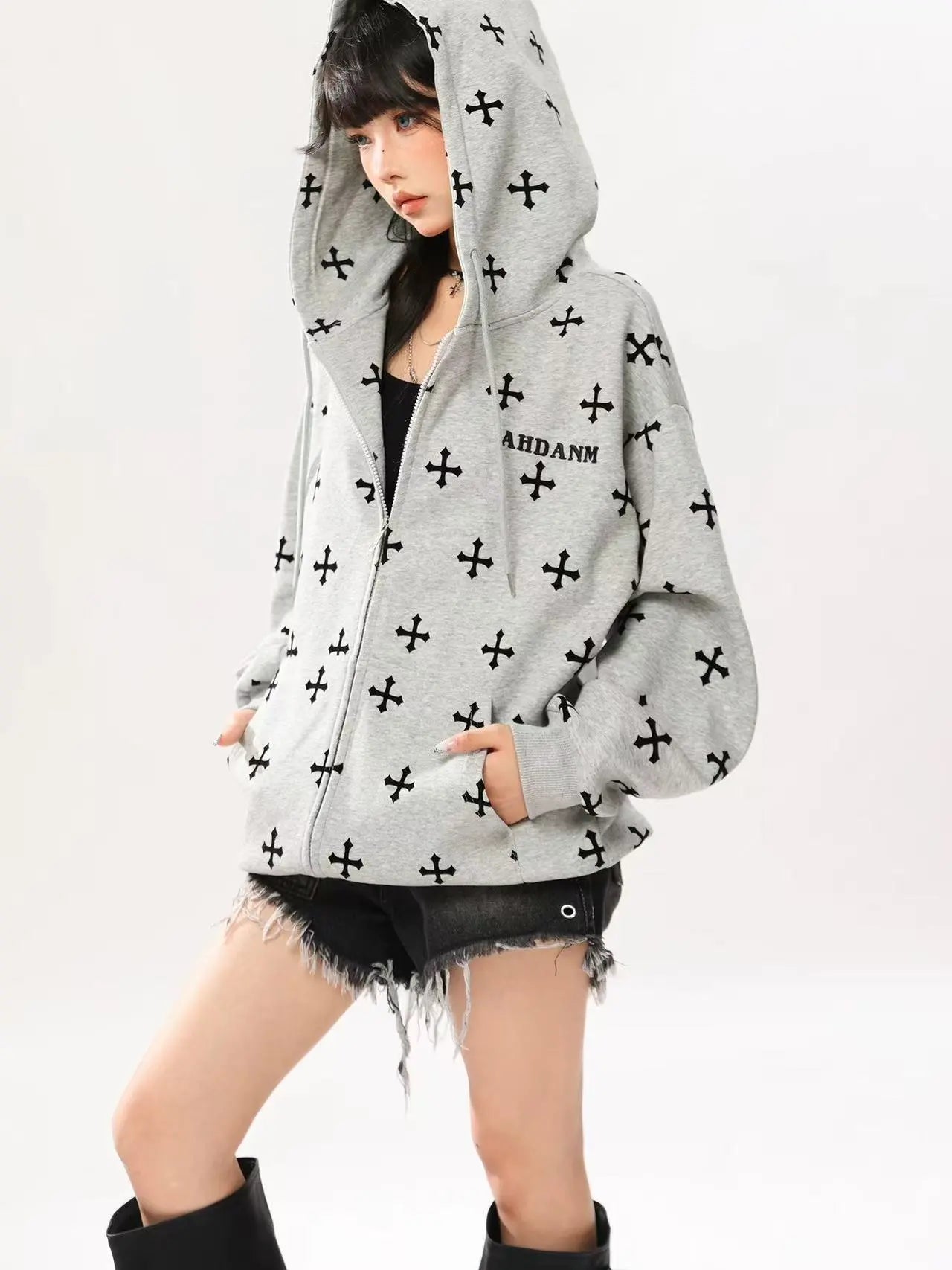 Vintage Cross Print Oversized Hoodie   OL2077