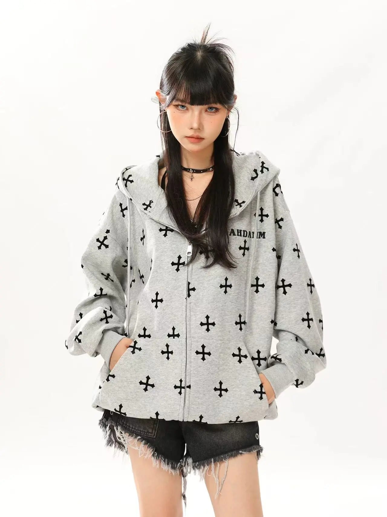 Vintage Cross Print Oversized Hoodie   OL2077
