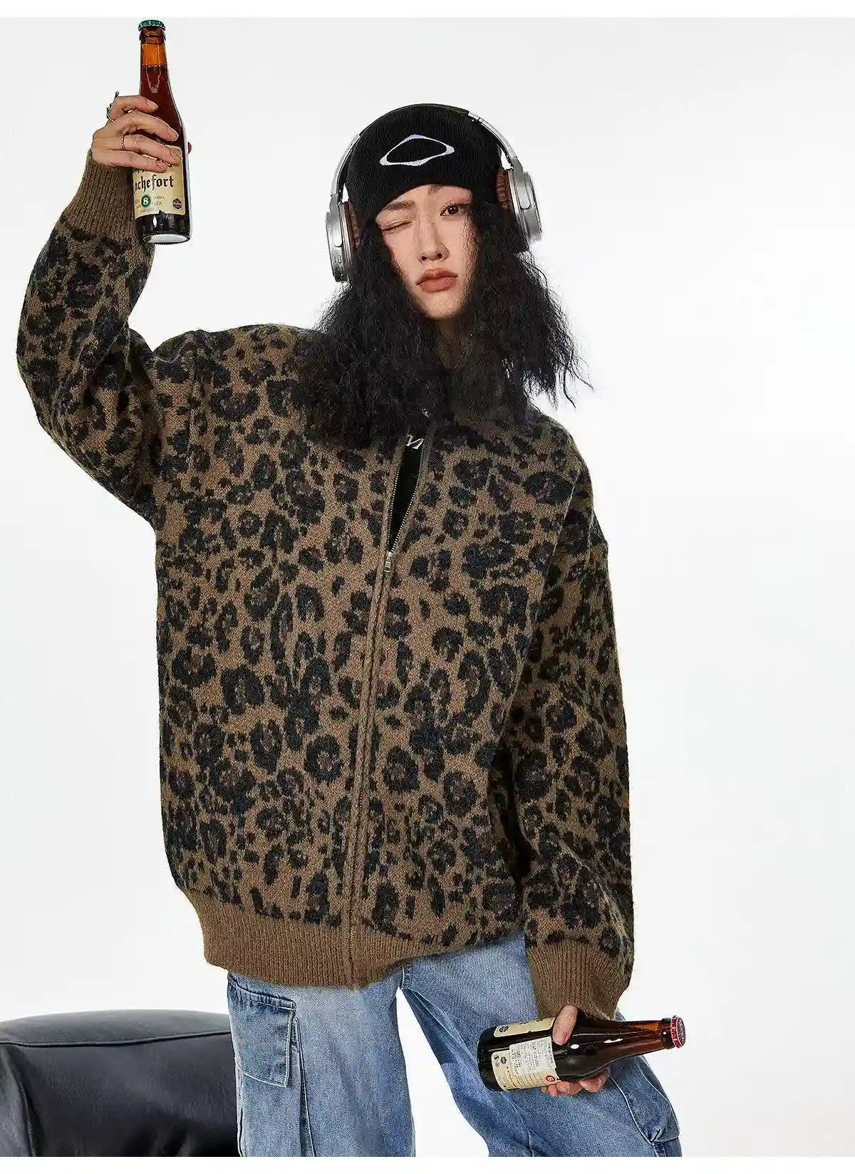 Vintage Leopard Jacquard Relaxed Cardigan   OL2080