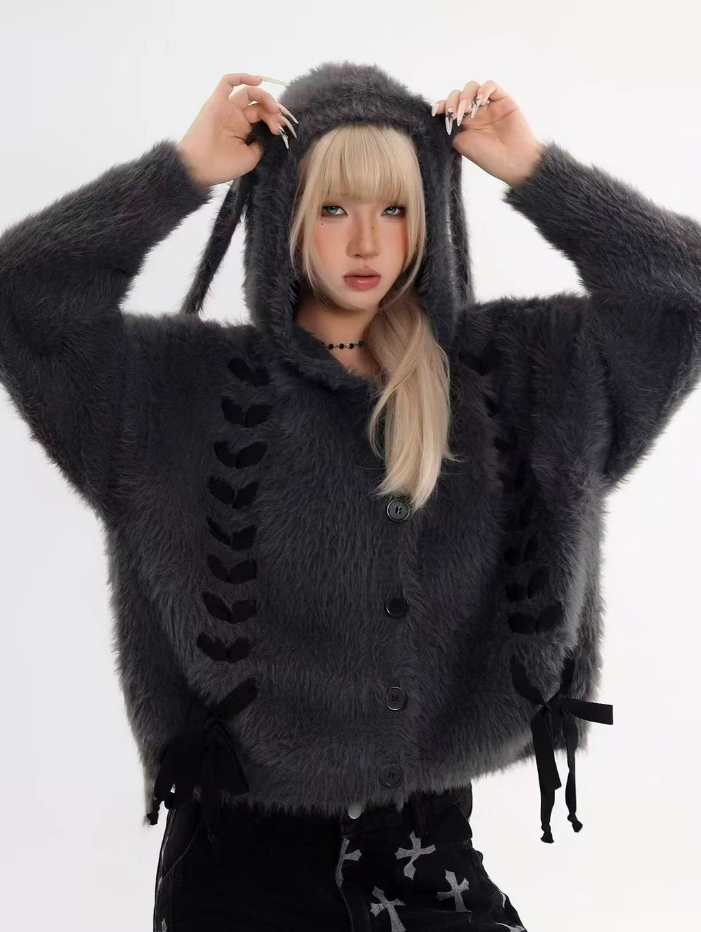 Bunny Ear Hooded Relaxed Cardigan   OL2081