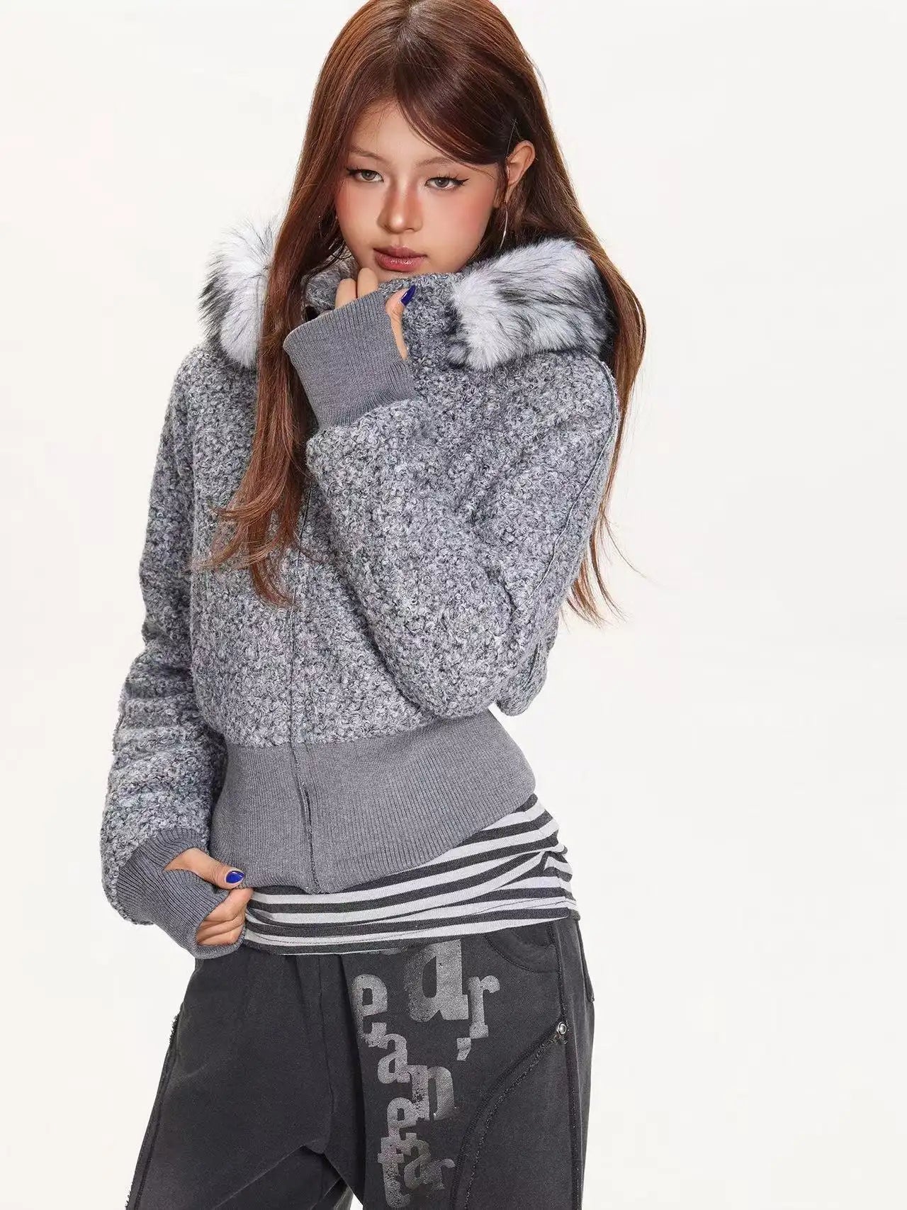 Detachable Fur Collar Hooded Fitted Jacket   oliviroa オリヴィオラ