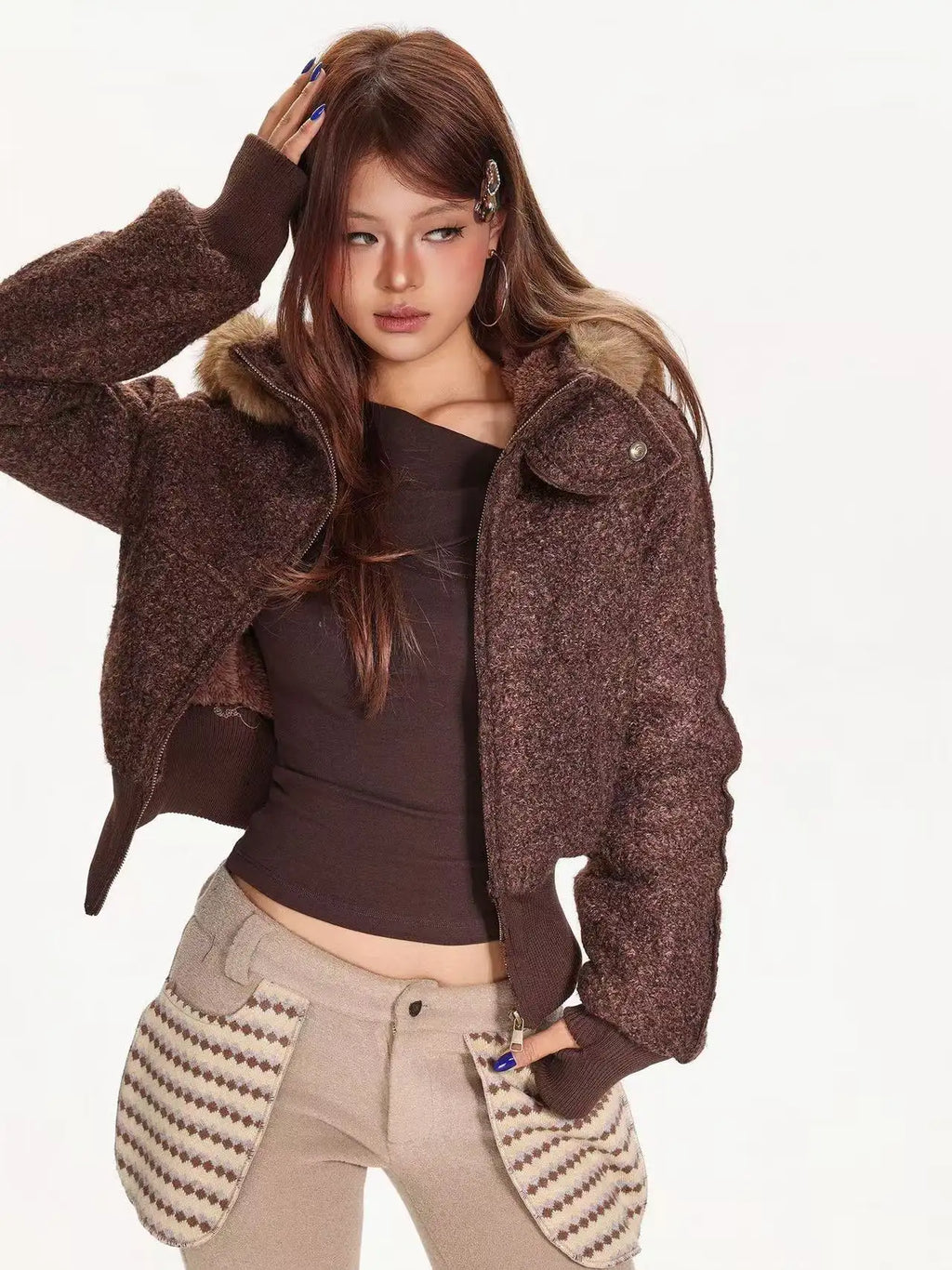 Detachable Fur Collar Hooded Fitted Jacket   OL2083