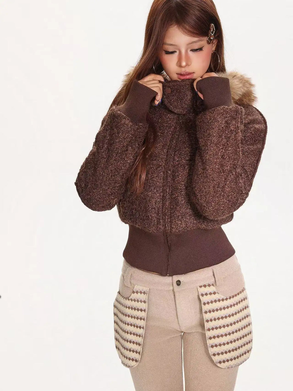 Detachable Fur Collar Hooded Fitted Jacket   OL2083
