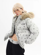Cross Print Faux Fur Hooded Padded Jacket   oliviroa オリヴィオラ