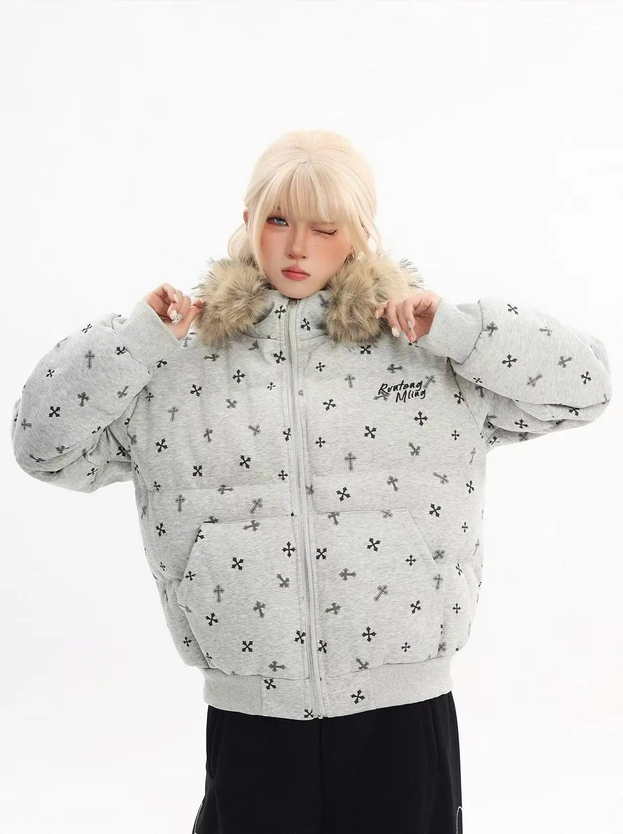 Cross Print Faux Fur Hooded Padded Jacket   OL2084