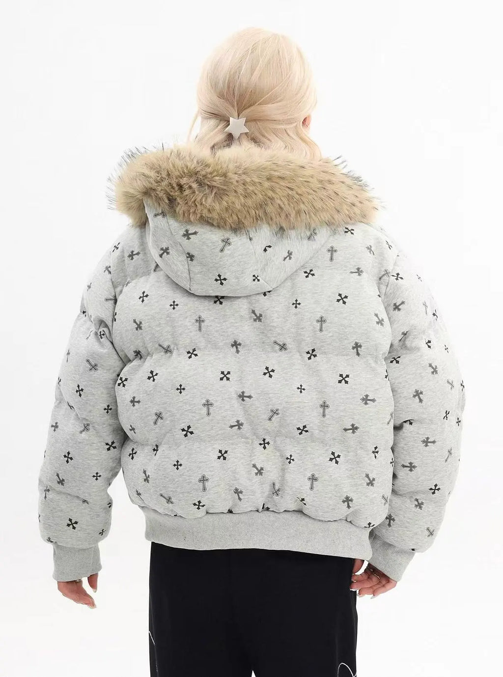 Cross Print Faux Fur Hooded Padded Jacket   OL2084