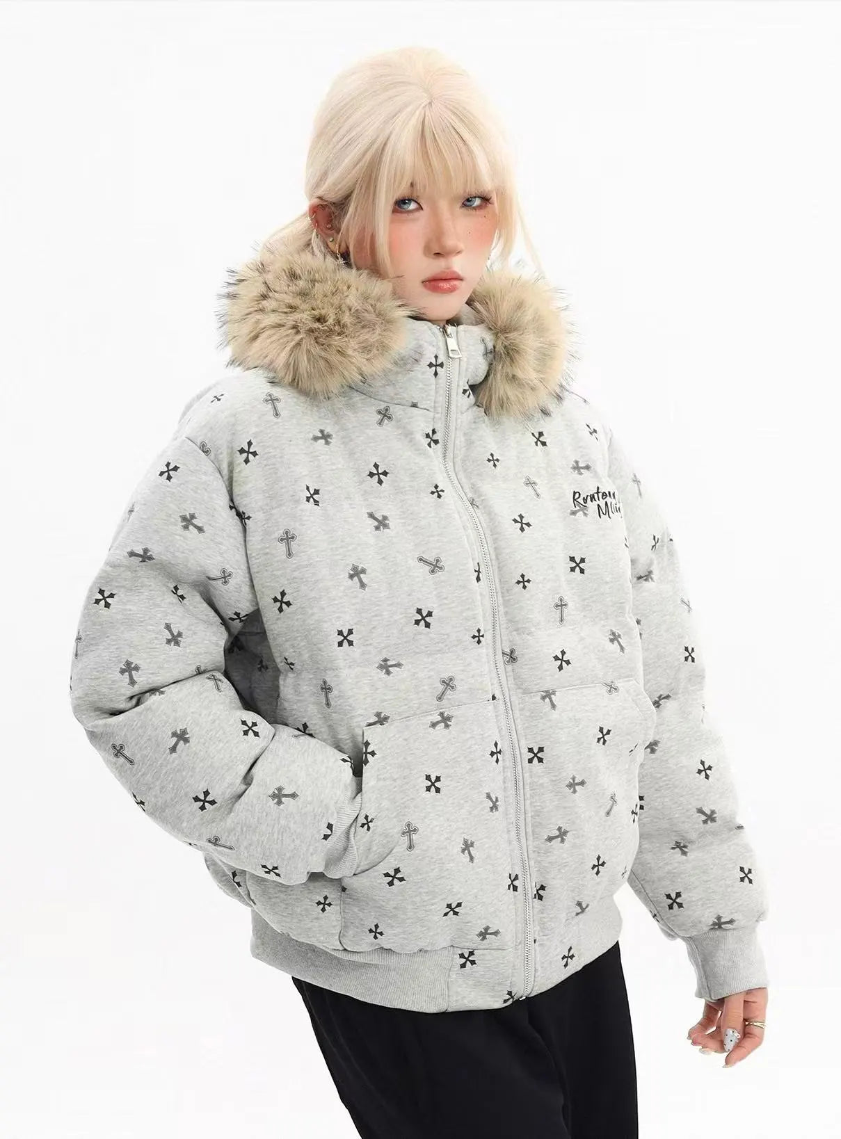 Cross Print Faux Fur Hooded Padded Jacket   OL2084