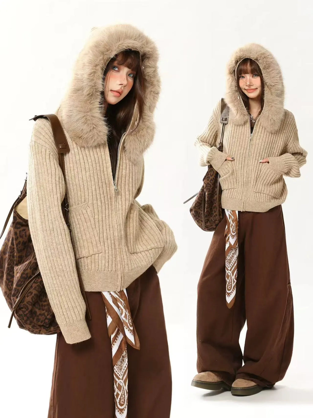 Cropped Hooded Knit Cardigan with Detachable Fur Collar   oliviroa オリヴィオラ