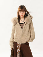 Cropped Hooded Knit Cardigan with Detachable Fur Collar   OL2087