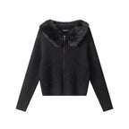 Cropped Hooded Knit Cardigan with Detachable Fur Collar   OL2087