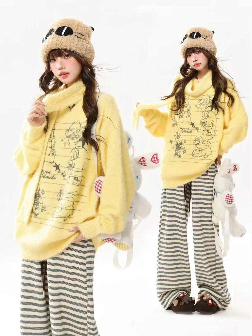 Faux Mink Cat Sweater with Scarf   oliviroa オリヴィオラ