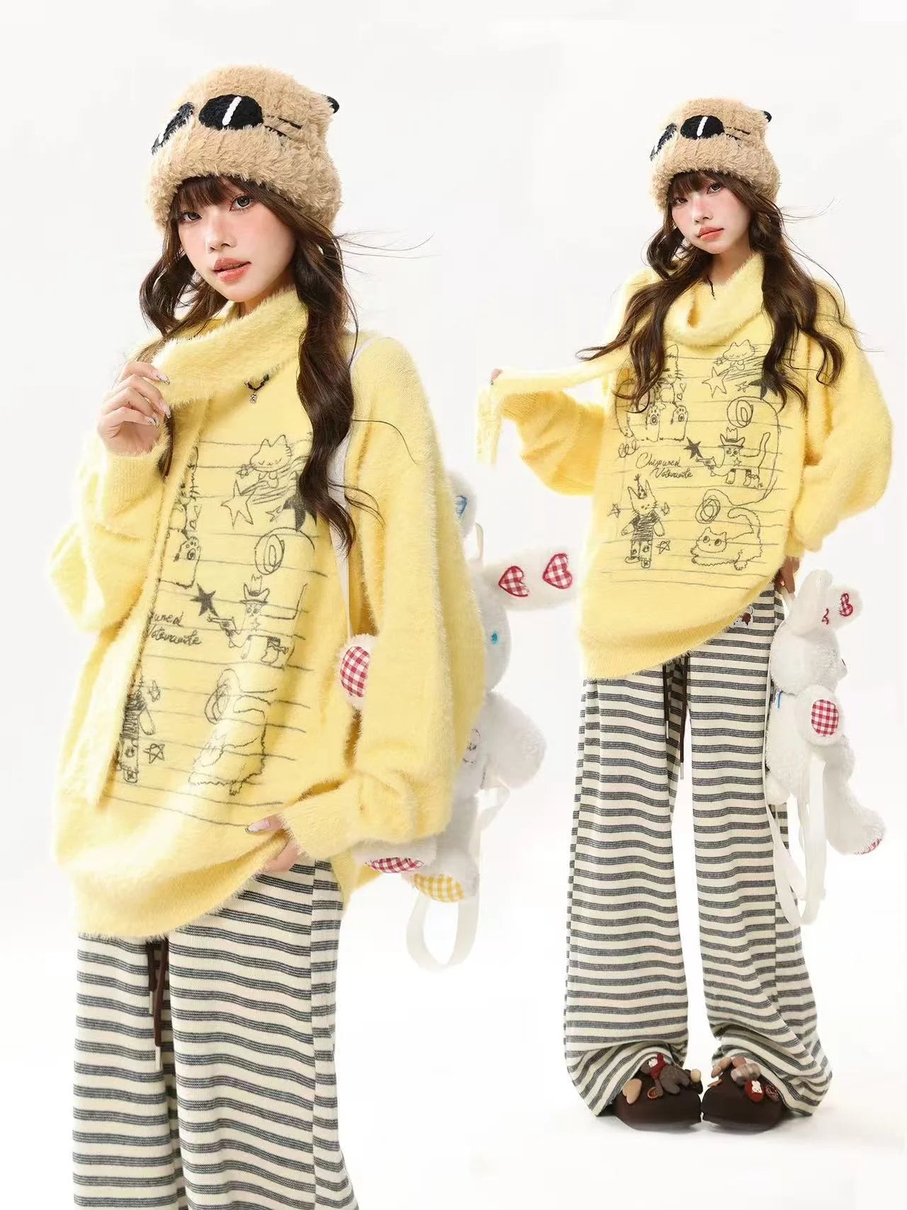 Faux Mink Cat Sweater with Scarf   oliviroa オリヴィオラ