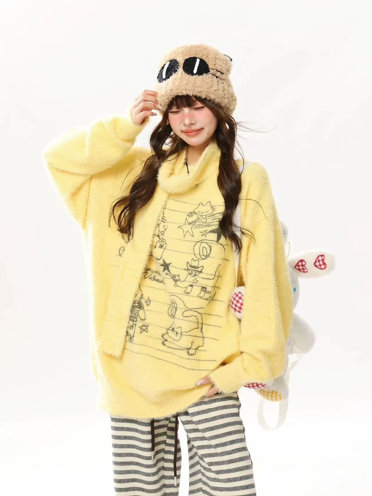 Faux Mink Cat Sweater with Scarf   oliviroa オリヴィオラ