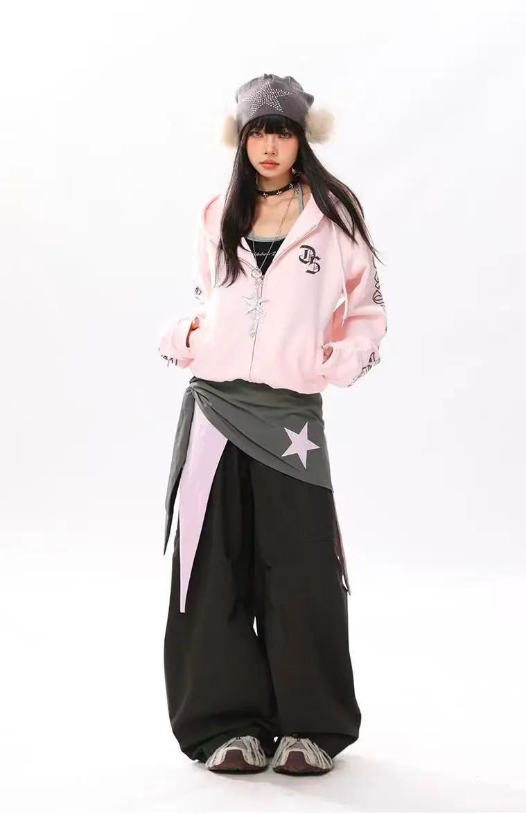 Vintage Letter Print Cropped Zip Hoodie   OL2096