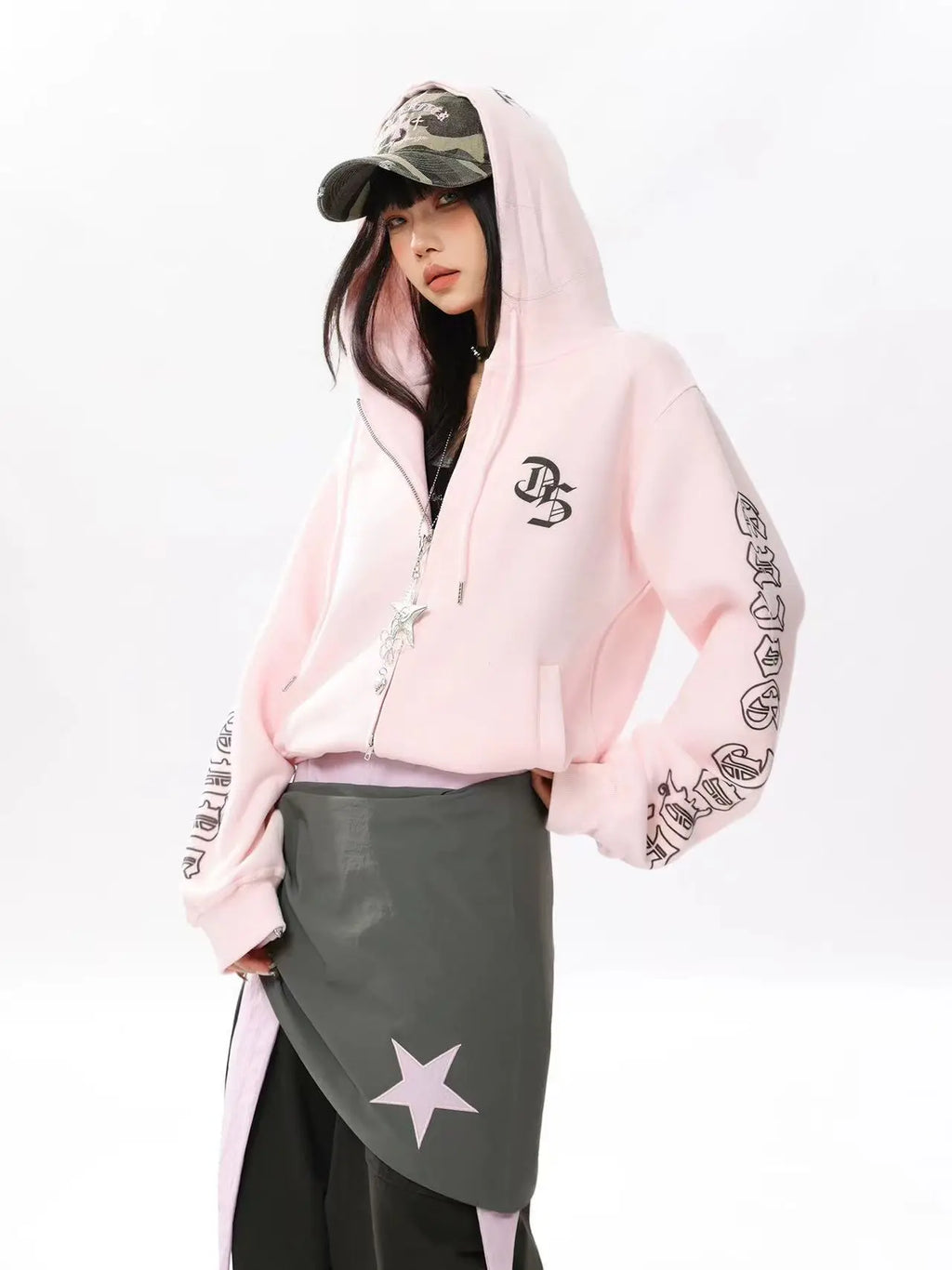 Vintage Letter Print Cropped Zip Hoodie   oliviroa オリヴィオラ