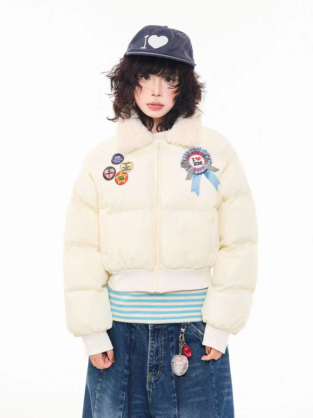 Vintage Faux Fur Collar Cropped Padded Jacket   oliviroa オリヴィオラ
