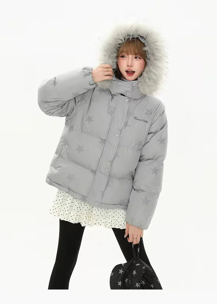 Star Print Detachable Fur Hood Puffer Jacket   oliviroa オリヴィオラ