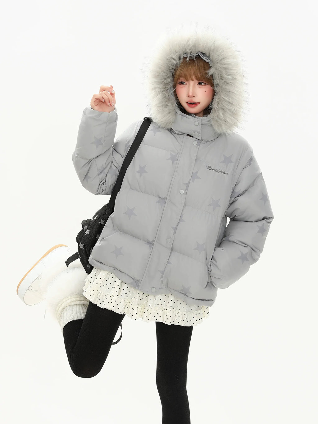Star Print Detachable Fur Hood Puffer Jacket   OL2103