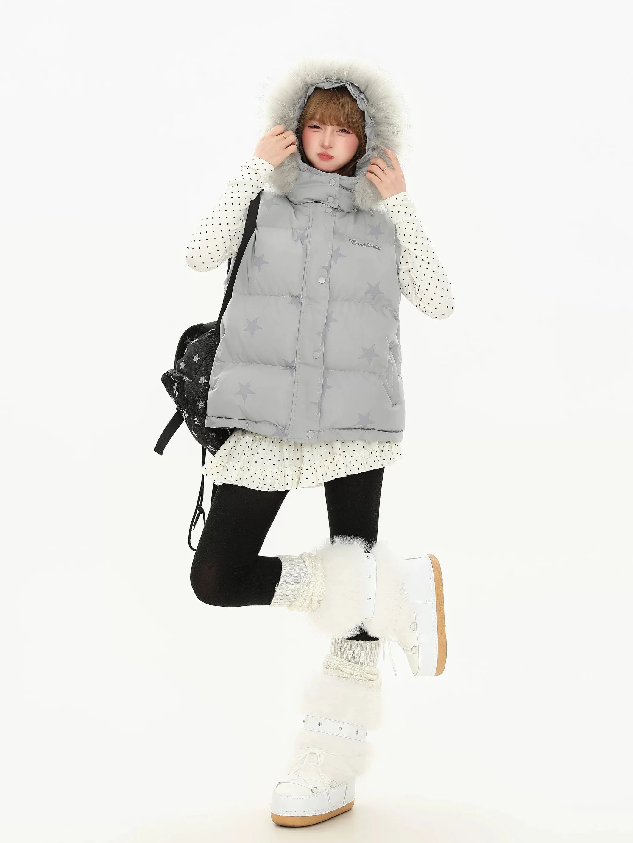 Star Print Detachable Fur Hood Puffer Jacket   OL2103