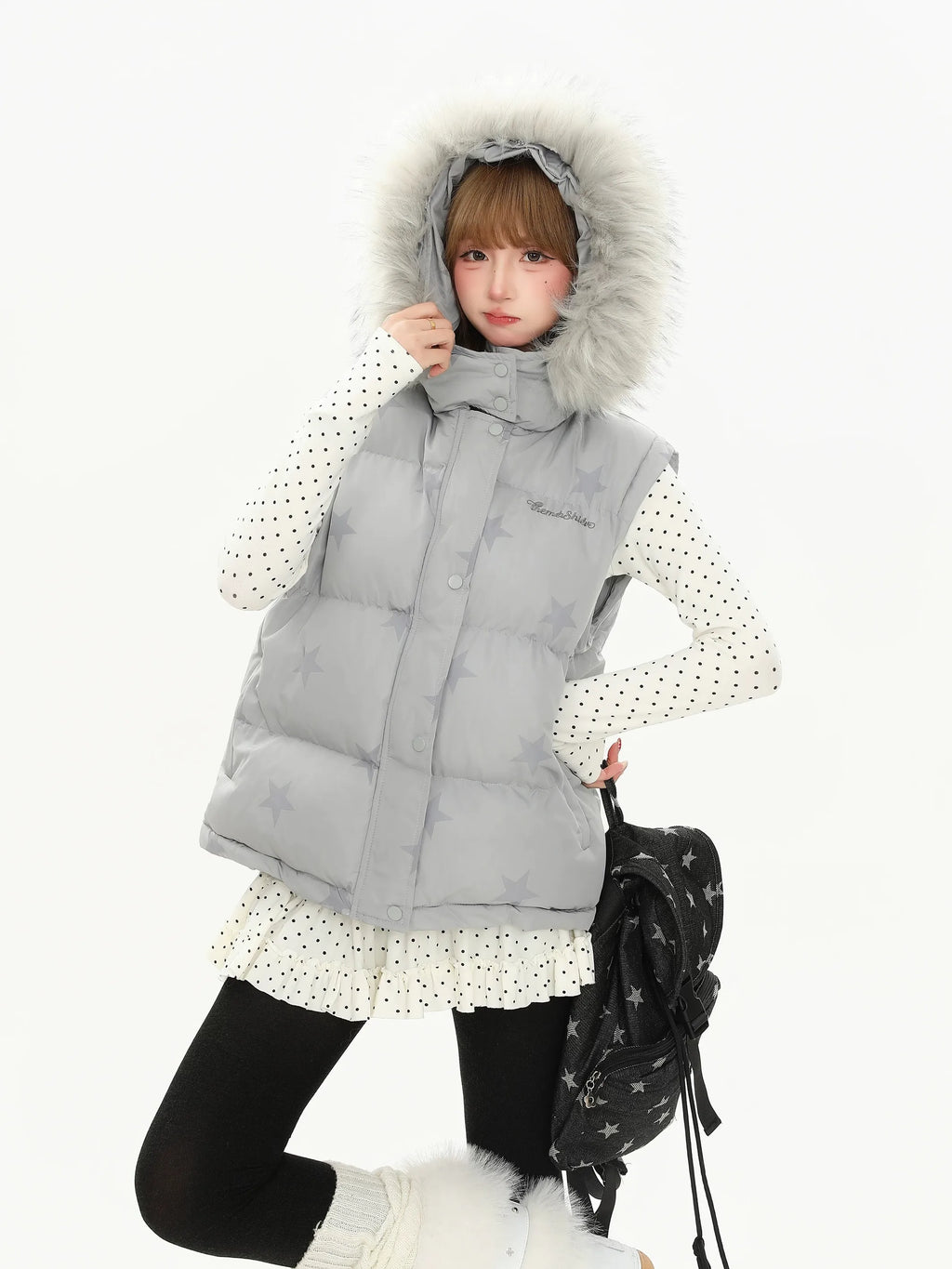 Star Print Detachable Fur Hood Puffer Jacket   OL2103