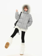 Star Print Detachable Fur Hood Puffer Jacket   OL2103