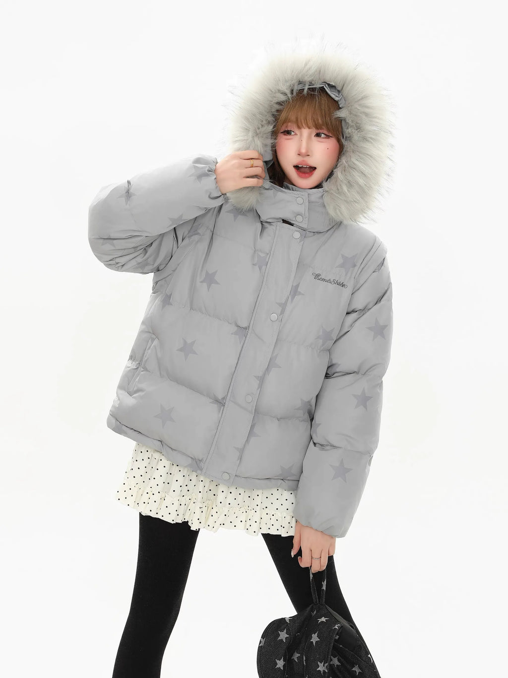 Star Print Detachable Fur Hood Puffer Jacket   OL2103
